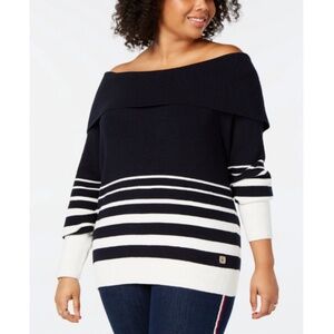 Tommy Hilfiger Women's Plus Size Striped OffTheShoulder Cotton Sweater Blue - 3X